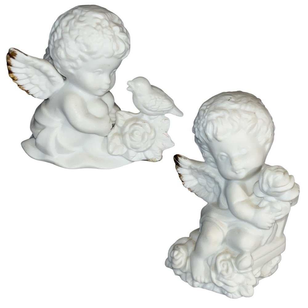 Porcelain Cherub Figurines Pair of Two Angels with Wings Gold Detail Bird Flower